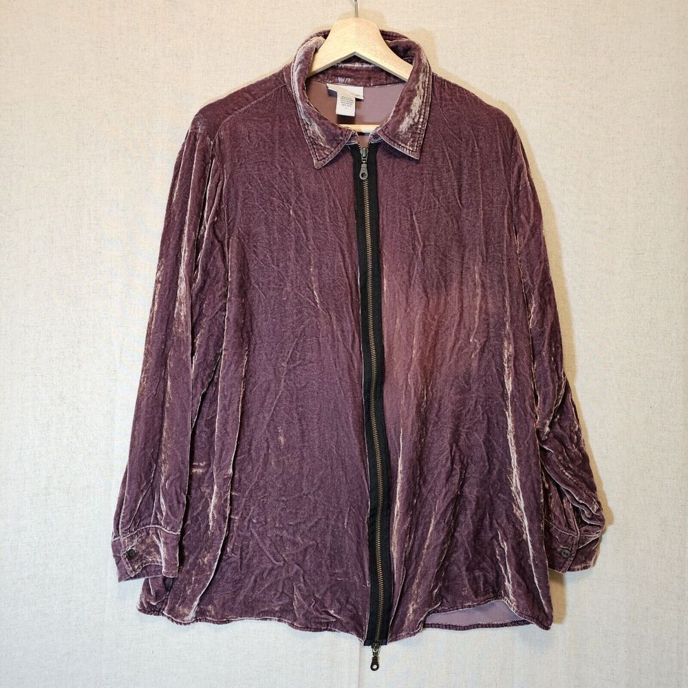Soft Surroundings Women’s Purple Crushed Velvet Silk Blend Zip Up Jacket Top L